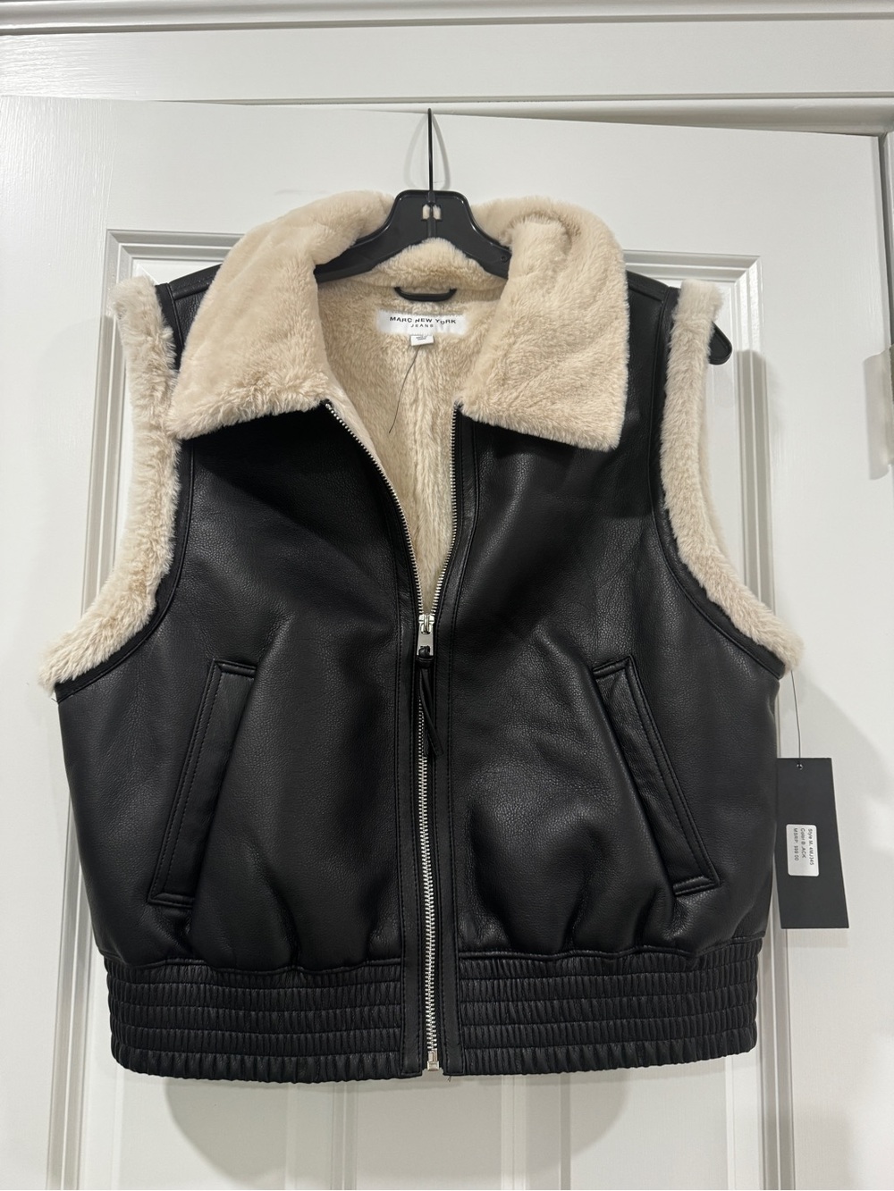 Marc New York Black Faux Leather Vest with Cream Sherpa Lining
